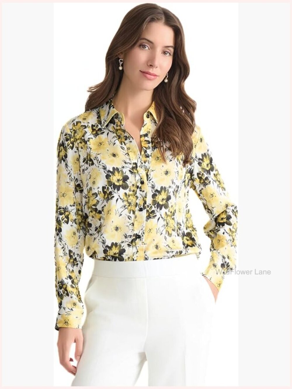 Long Sleeve Printed Satin Button-Front Blouse